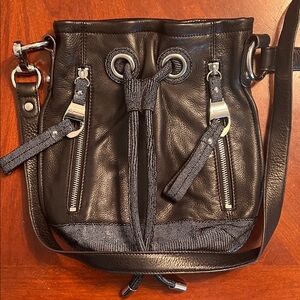 B. Makowsky Black Leather Messenger Bag with Silver Accents